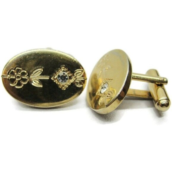 Oval Cufflinks Gold Tone Flower Rhinestone Tux Shirt Dress Suit Vintage - Picture 1 of 7